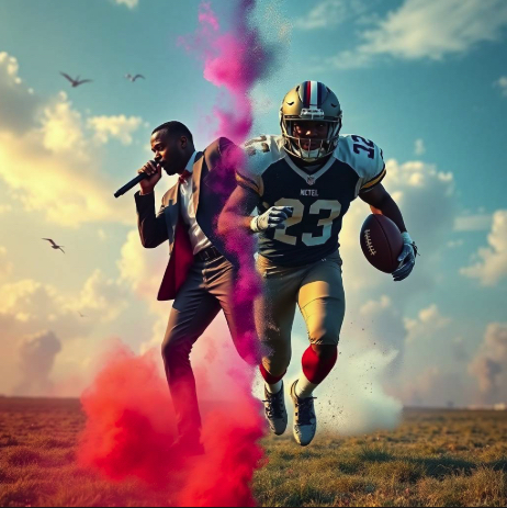 Split screen with male singer on the left and football player on the right